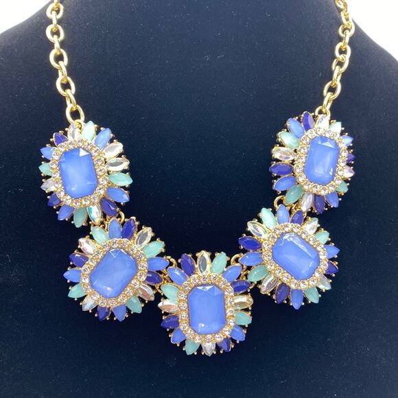 Women Gold Tone Blue Faux Gems Rhinestones Statement Bib Chain Necklace - Picture 2 of 5